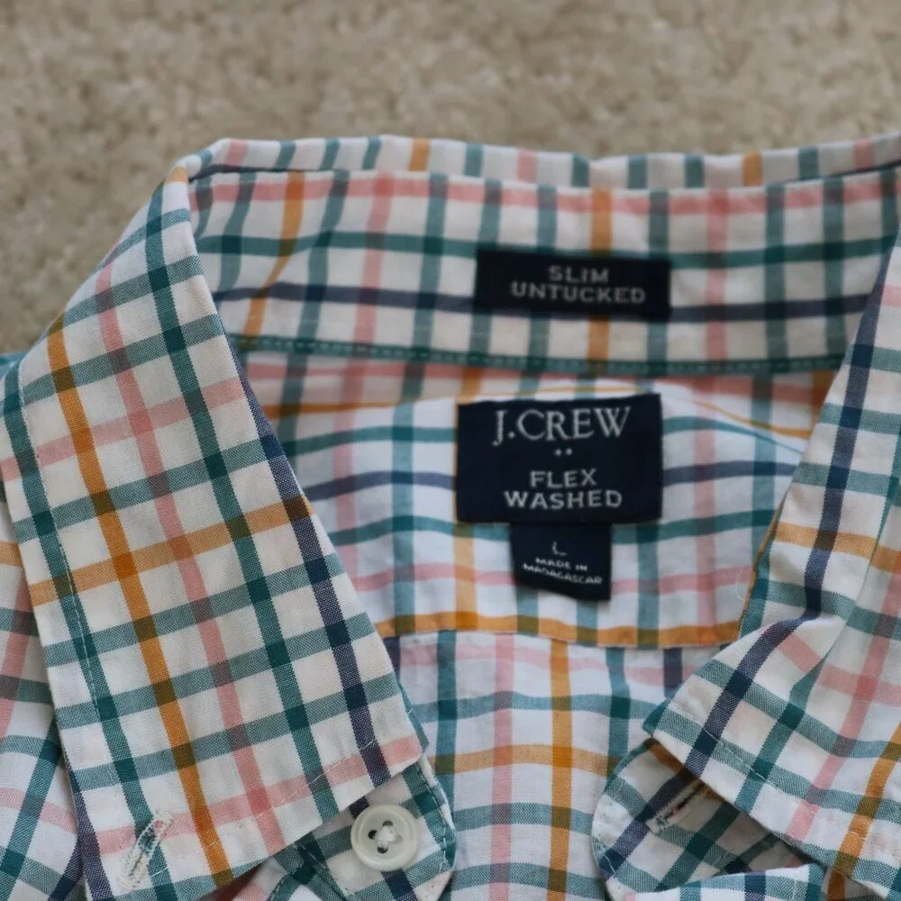 J. Crew Men’s Plaid Button-Down Shirt in White, Blue, Orange, Green